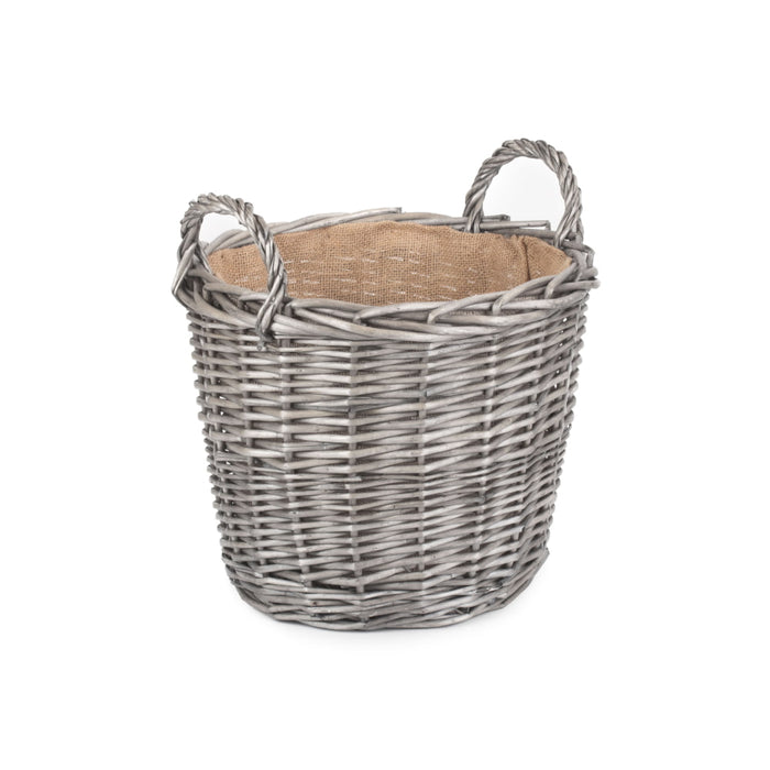 grey round wicker basket plant pot