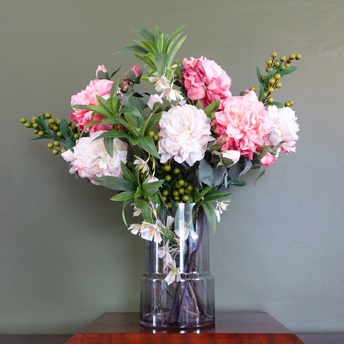 Elegant 65cm Mixed Peonies with Glass Vase - Complete Floral Arrangement Set
