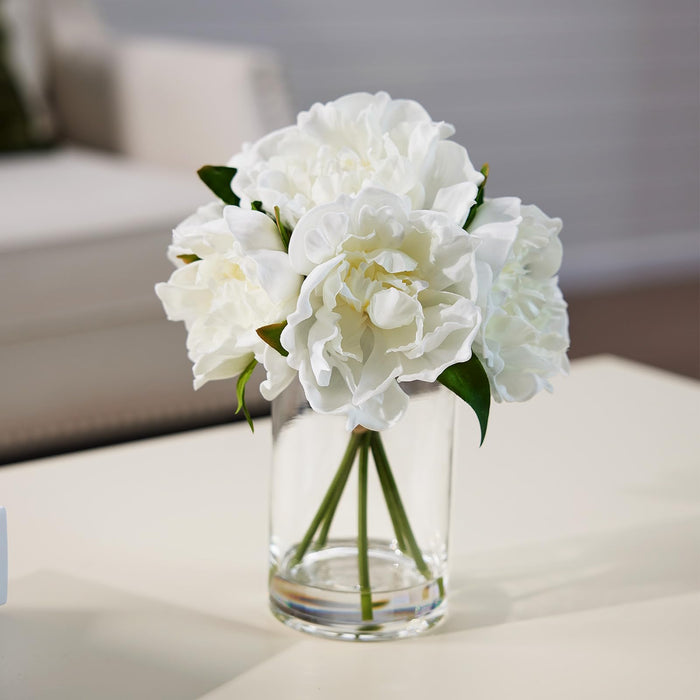 Artificial Peony Flowers in Glass Vase 27cm, White