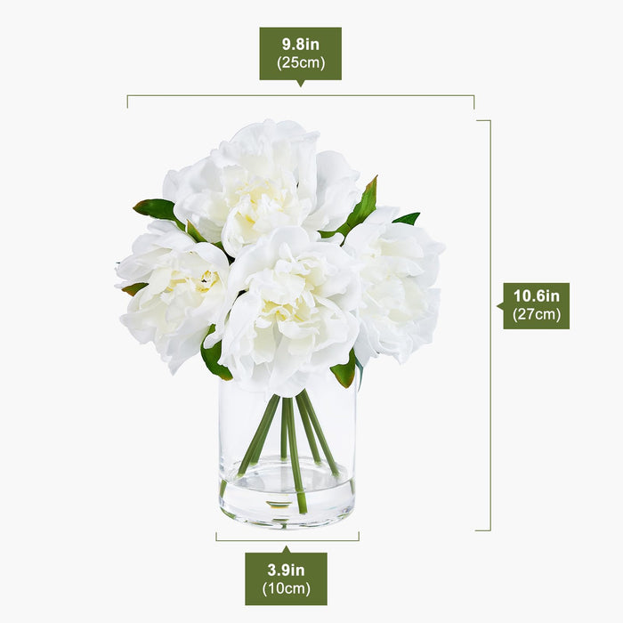 Artificial Peony Flowers in Glass Vase 27cm, White