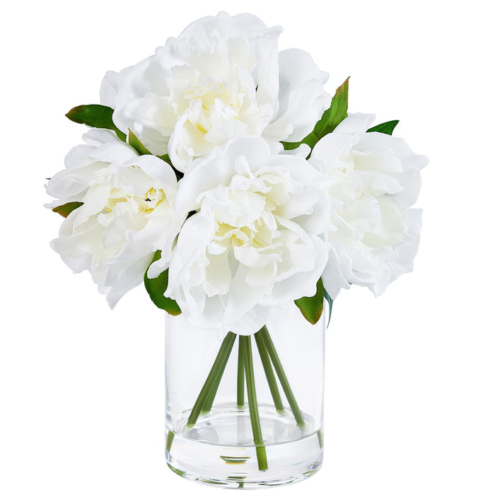 Artificial Peony Flowers in Glass Vase 27cm, White