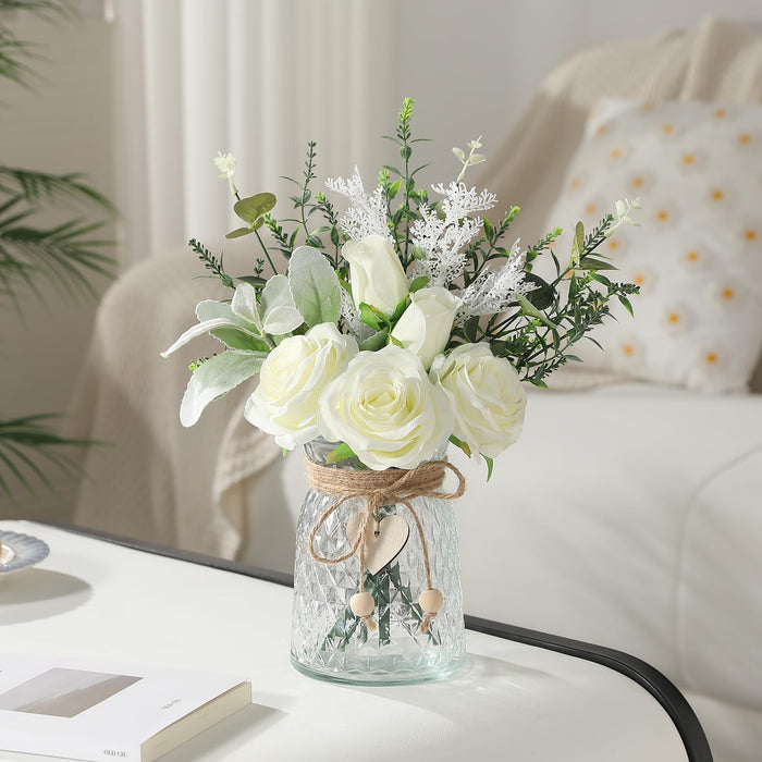 Faux Flowers with Vase, White 5 Roses and Eucalyptust Arrangement