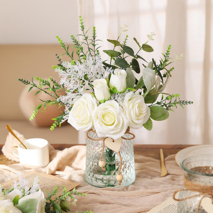 Faux Flowers with Vase, White 5 Roses and Eucalyptust Arrangement