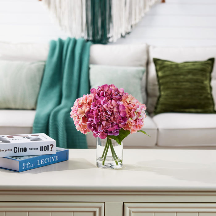 Hydrangea Artificial Real Touch Flowers in Vase – 33 cm with Faux Water - UV Resistant Silk Leaves