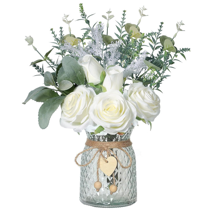Faux Flowers with Vase, White 5 Roses and Eucalyptust Arrangement