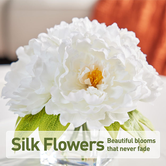 Realistic White Peonies in Glass Vase - 21cm