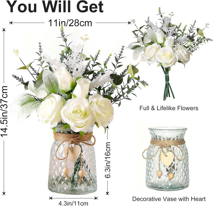 Faux Flowers with Vase, White 5 Roses and Eucalyptust Arrangement