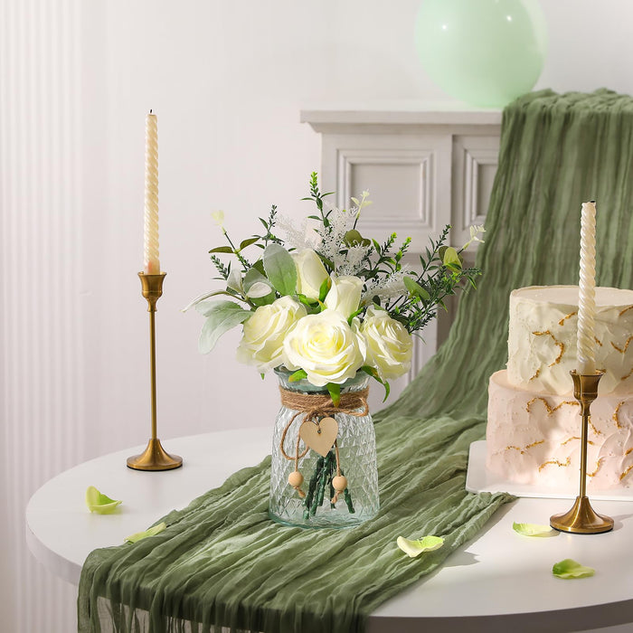 Faux Flowers with Vase, White 5 Roses and Eucalyptust Arrangement