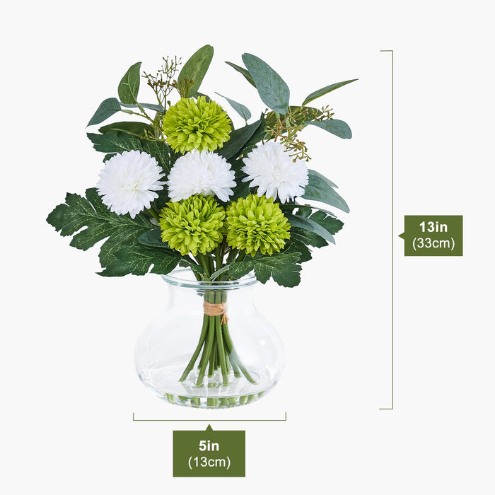 Artificial Chrysanthemum & Eucalyptus Arrangement in Glass Vase 33cm(White & Green)