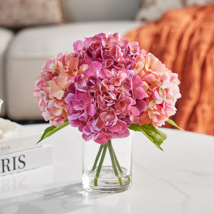 Hydrangea Artificial Real Touch Flowers in Vase – 33 cm with Faux Water - UV Resistant Silk Leaves