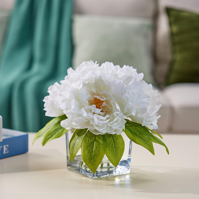 Realistic White Peonies in Glass Vase - 21cm