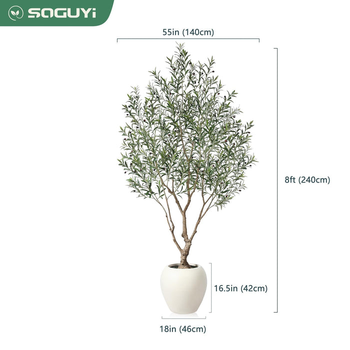 8 Feet Tall Faux Olive Tree with Round Artisan Planter, Premium Handmade, Realistic Trunk & Lifelike Leaves, Perfect for Large Spaces & Elegant Home/Office Decor