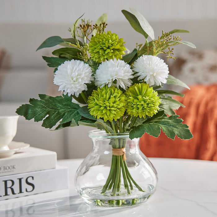 Artificial Chrysanthemum & Eucalyptus Arrangement in Glass Vase 33cm(White & Green)