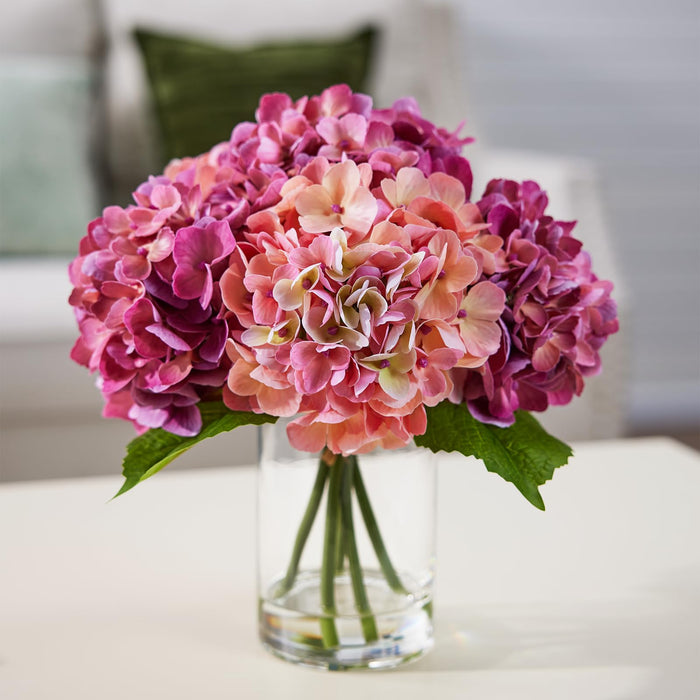 Hydrangea Artificial Real Touch Flowers in Vase – 33 cm with Faux Water - UV Resistant Silk Leaves