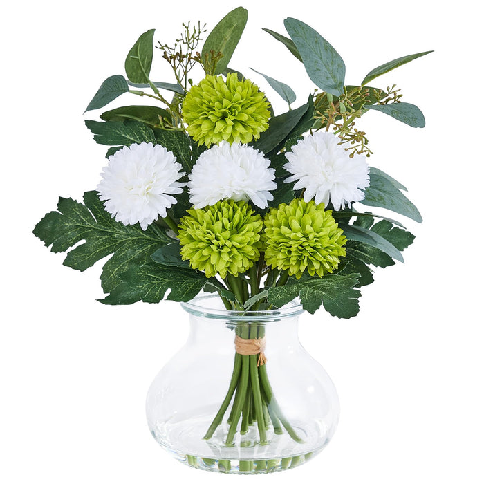 Artificial Chrysanthemum & Eucalyptus Arrangement in Glass Vase 33cm(White & Green)