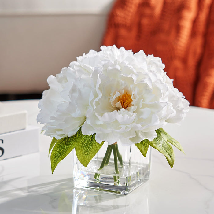 Realistic White Peonies in Glass Vase - 21cm