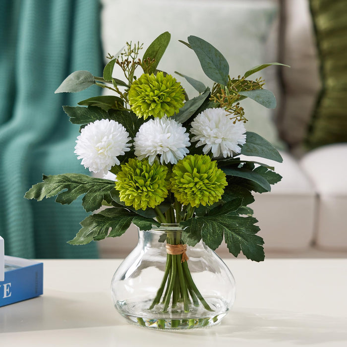 Artificial Chrysanthemum & Eucalyptus Arrangement in Glass Vase 33cm(White & Green)