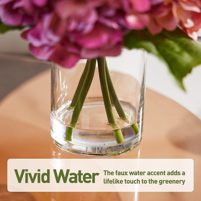 Hydrangea Artificial Real Touch Flowers in Vase – 33 cm with Faux Water - UV Resistant Silk Leaves
