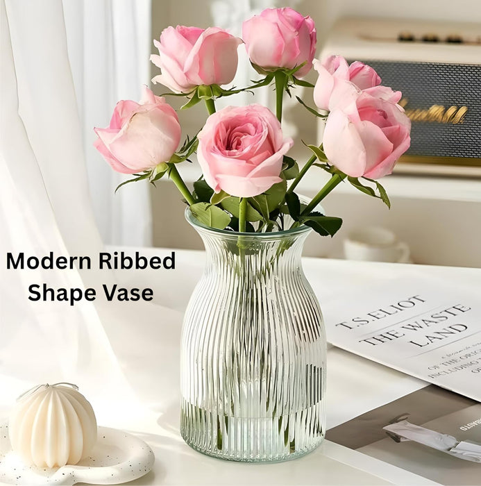 Ribbed Glass Flower Vase - 20cm