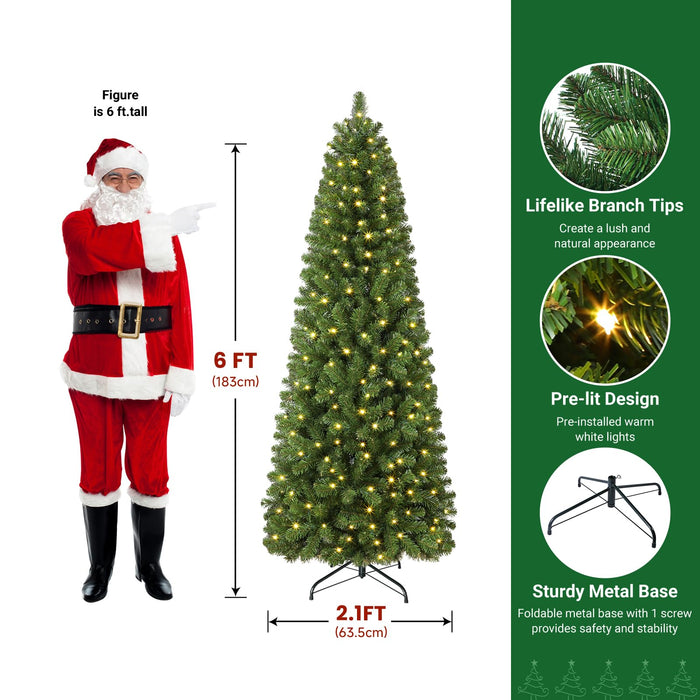 6ft/180cm Slim PRE-Lit Christmas Tree Warm White LED Lights