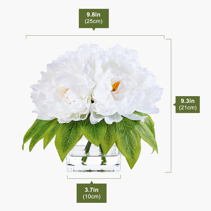 Realistic White Peonies in Glass Vase - 21cm