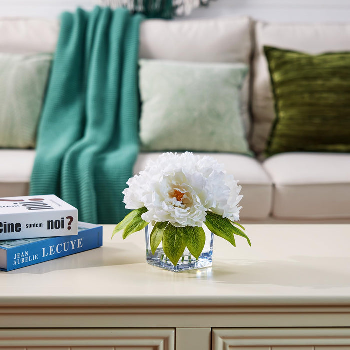 Realistic White Peonies in Glass Vase - 21cm