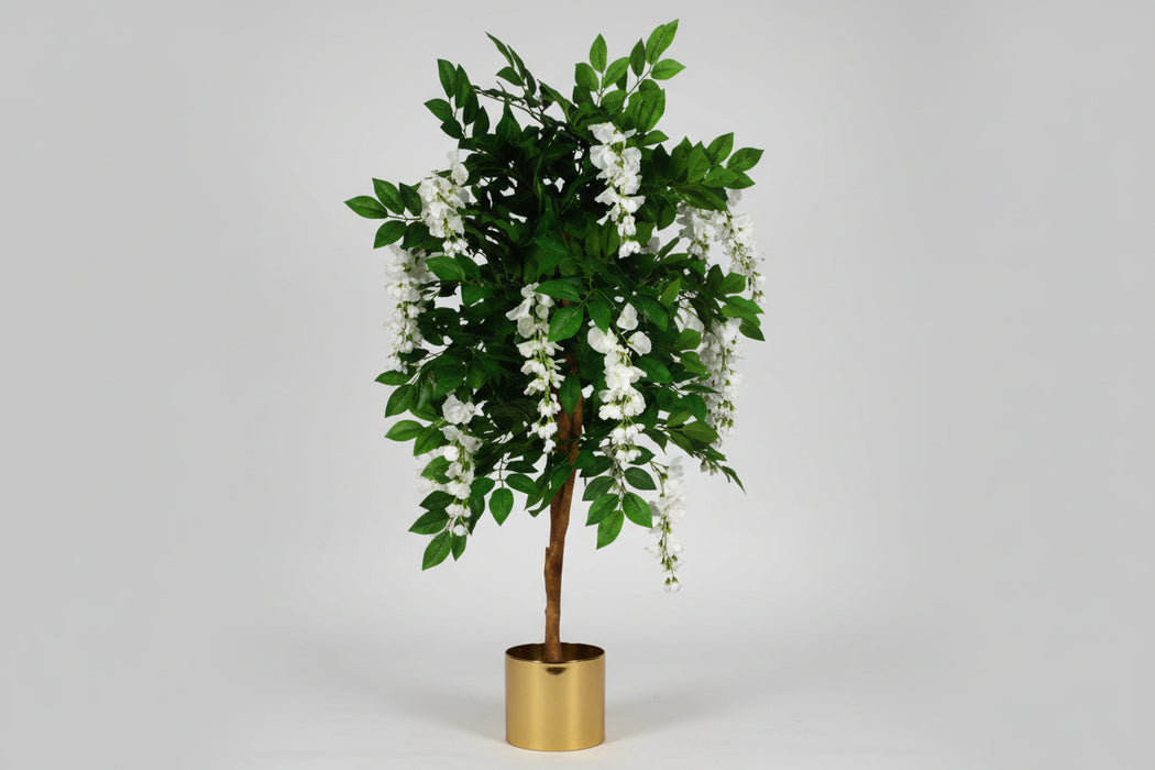 Elegant 130cm White Wisteria Tree - Silk Flowers – Gold Metal Planter