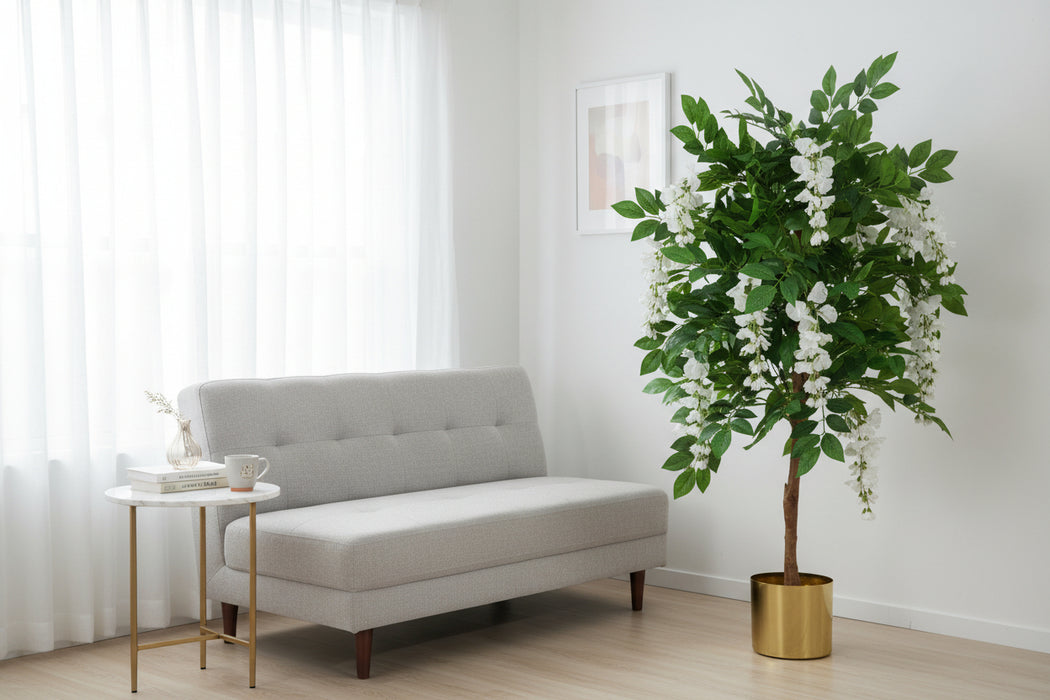Elegant 130cm White Wisteria Tree - Silk Flowers – Gold Metal Planter