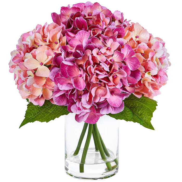Hydrangea Artificial Real Touch Flowers in Vase – 33 cm with Faux Water - UV Resistant Silk Leaves