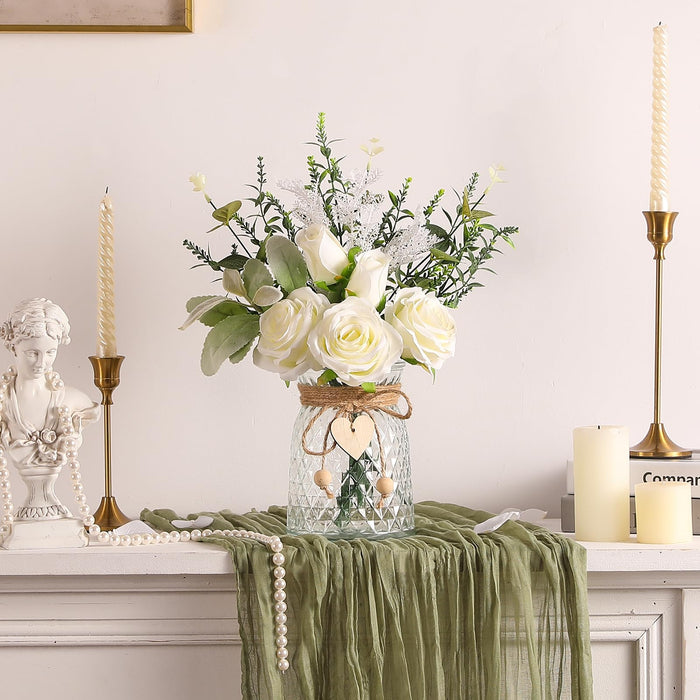 Faux Flowers with Vase, White 5 Roses and Eucalyptust Arrangement