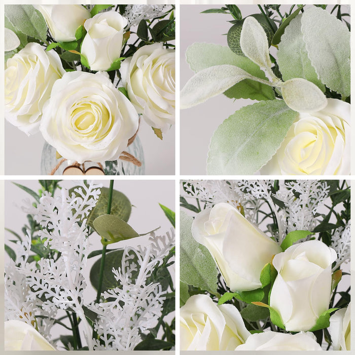 Faux Flowers with Vase, White 5 Roses and Eucalyptust Arrangement