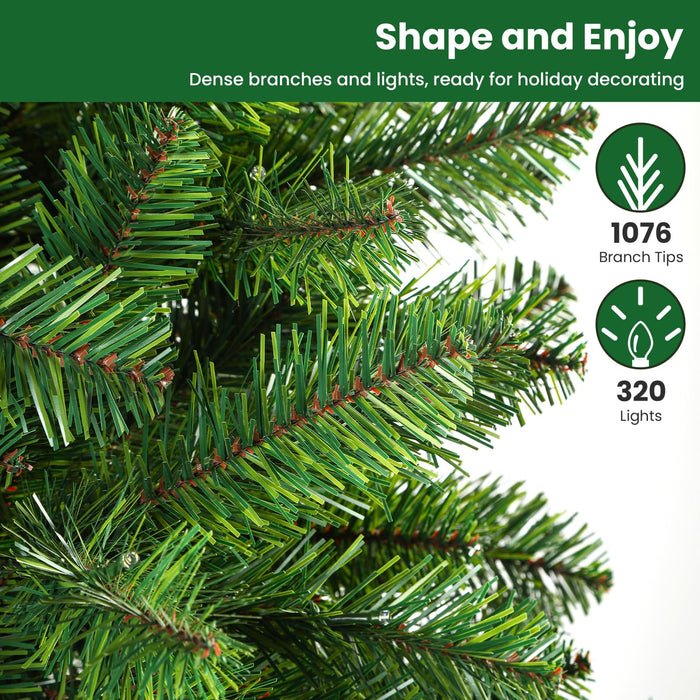 210cm/7FT Artificial Christmas Tree with 300 LED Warm White Lights & 1076 Branches