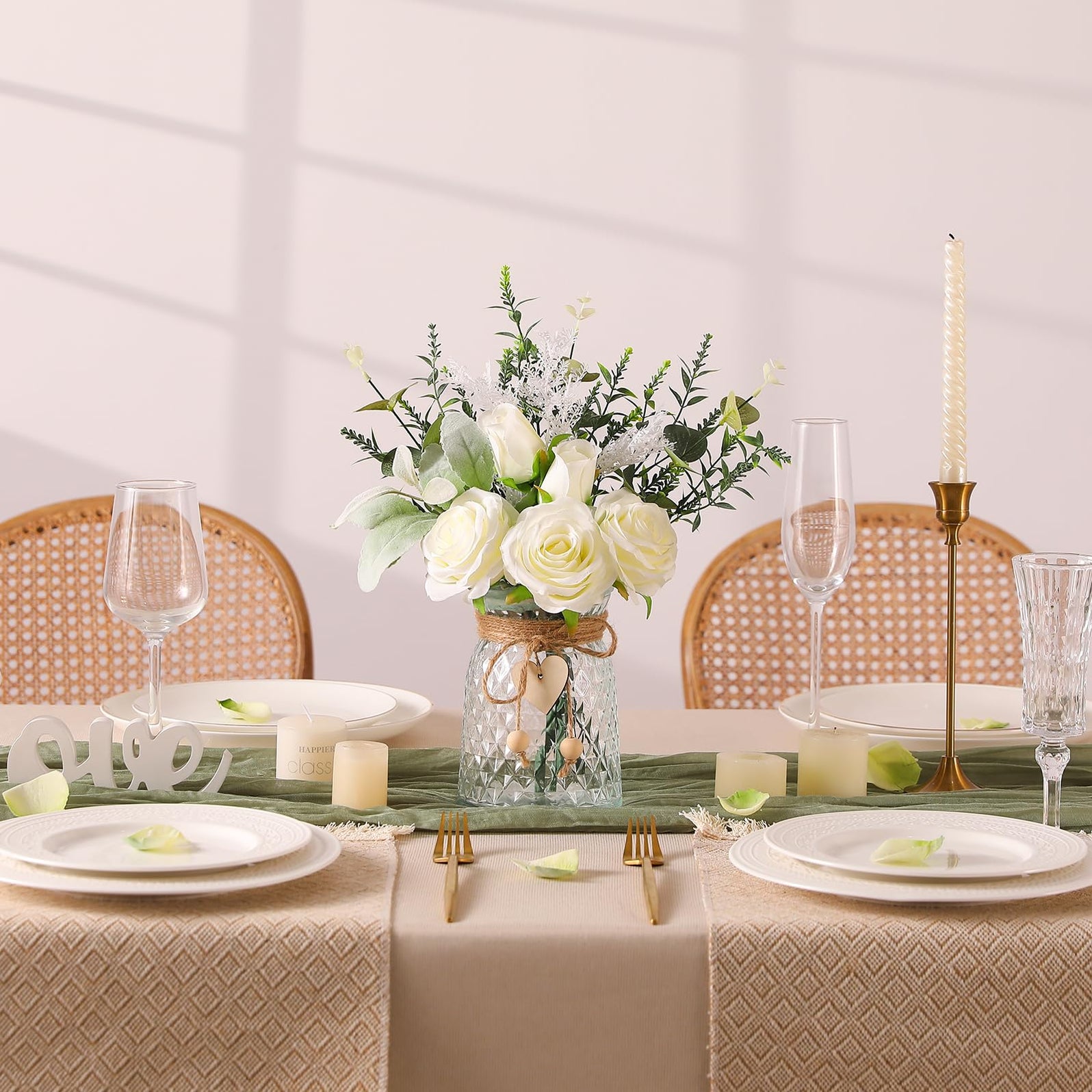 Faux Flowers with Vase, White 5 Roses and Eucalyptust Arrangement ...