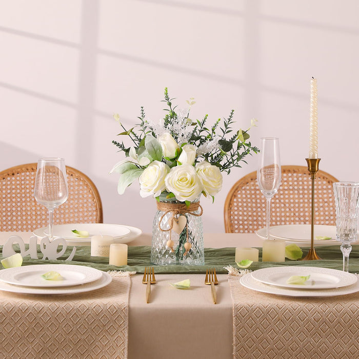 Faux Flowers with Vase, White 5 Roses and Eucalyptust Arrangement
