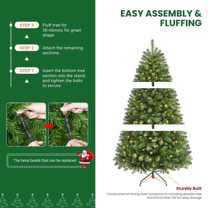 210cm/7FT Artificial Christmas Tree with 300 LED Warm White Lights & 1076 Branches