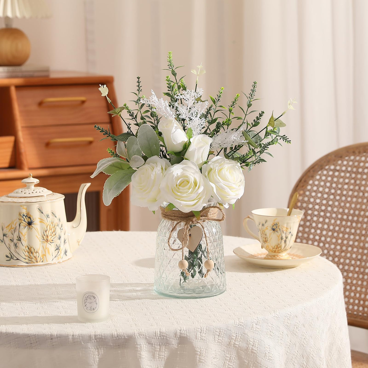 Faux Flowers with Vase, White 5 Roses and Eucalyptust Arrangement ...