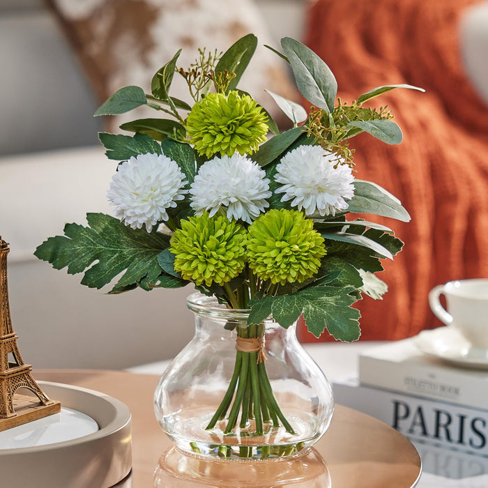 Artificial Chrysanthemum & Eucalyptus Arrangement in Glass Vase 33cm(White & Green)