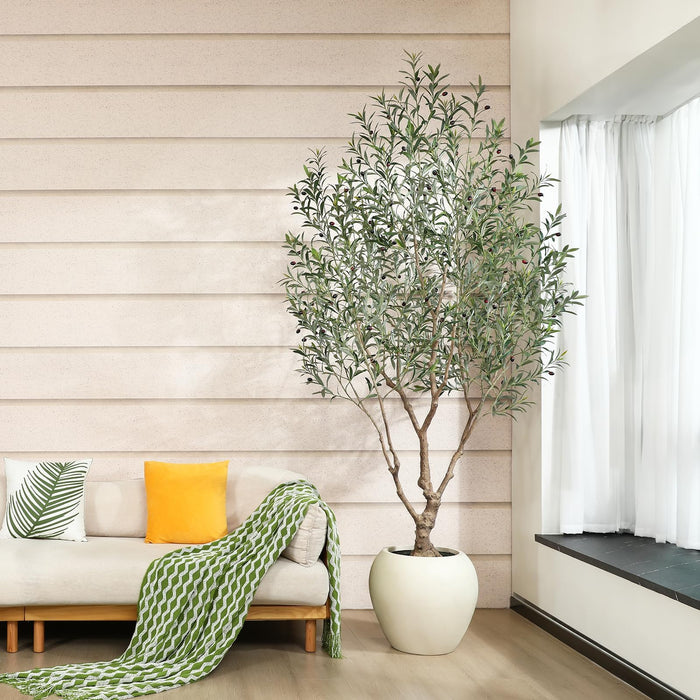 8 Feet Tall Faux Olive Tree with Round Artisan Planter, Premium Handmade, Realistic Trunk & Lifelike Leaves, Perfect for Large Spaces & Elegant Home/Office Decor