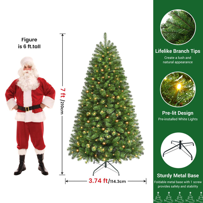 210cm/7FT Artificial Christmas Tree with 300 LED Warm White Lights & 1076 Branches