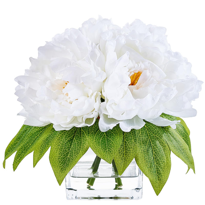Realistic White Peonies in Glass Vase - 21cm