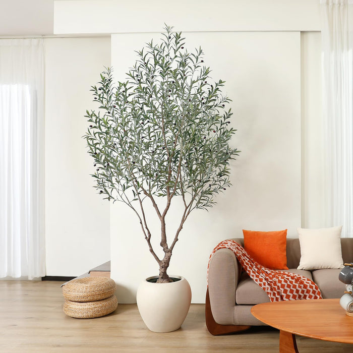 8 Feet Tall Faux Olive Tree with Round Artisan Planter, Premium Handmade, Realistic Trunk & Lifelike Leaves, Perfect for Large Spaces & Elegant Home/Office Decor