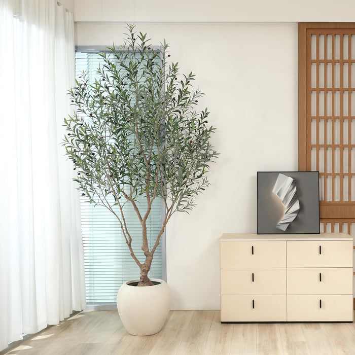 8 Feet Tall Faux Olive Tree with Round Artisan Planter, Premium Handmade, Realistic Trunk & Lifelike Leaves, Perfect for Large Spaces & Elegant Home/Office Decor