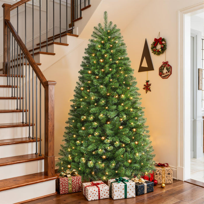 210cm/7FT Artificial Christmas Tree with 300 LED Warm White Lights & 1076 Branches