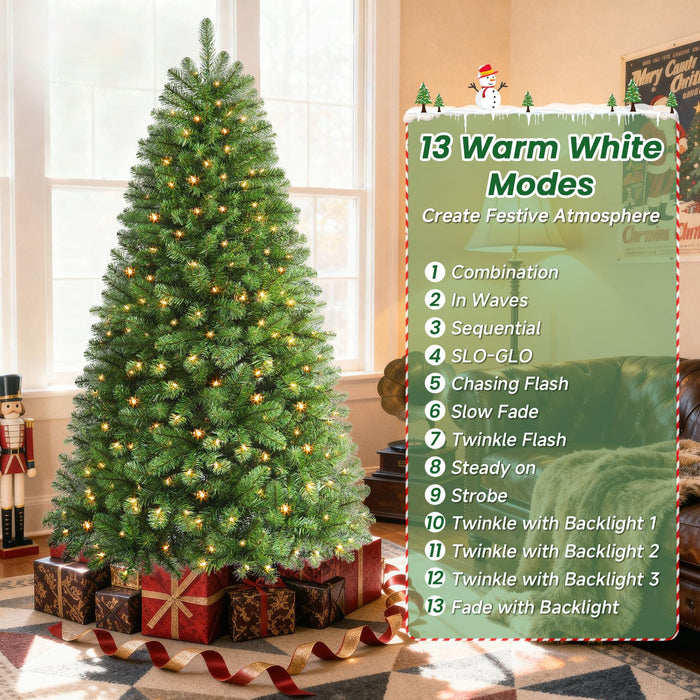 210cm/7FT Artificial Christmas Tree with 300 LED Warm White Lights & 1076 Branches
