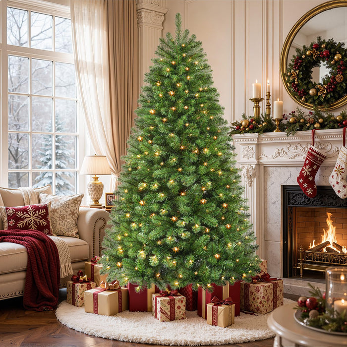 210cm/7FT Artificial Christmas Tree with 300 LED Warm White Lights & 1076 Branches