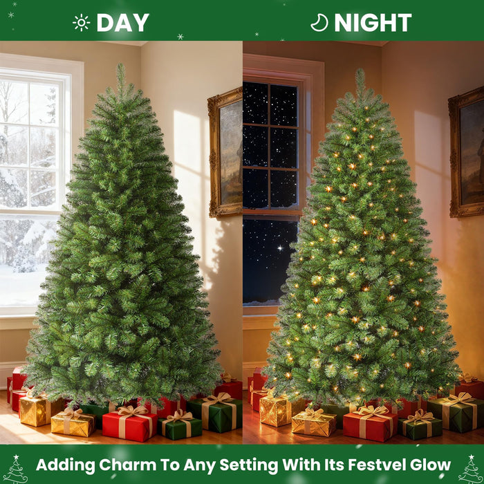 210cm/7FT Artificial Christmas Tree with 300 LED Warm White Lights & 1076 Branches