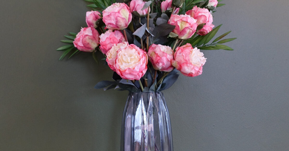 Pink Peony and Berry Flowers with Geometric Glass Vase - 85cm