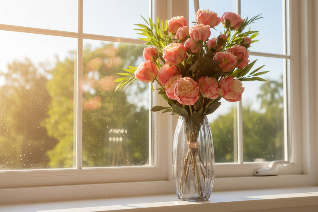 Pink Peony and Berry Flowers with Geometric Glass Vase - 85cm