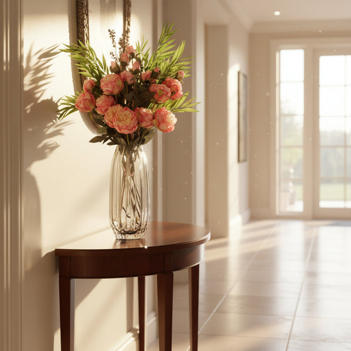 Pink Peony and Berry Flowers with Geometric Glass Vase - 85cm