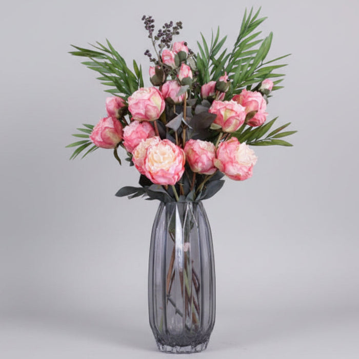 Pink Peony and Berry Flowers with Geometric Glass Vase - 85cm